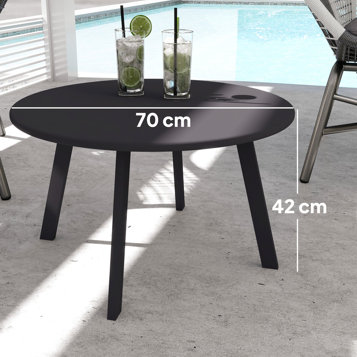 Ludove Metal And Glass Black Round Outdoor Coffee Table With Non Slip Feet 70cm