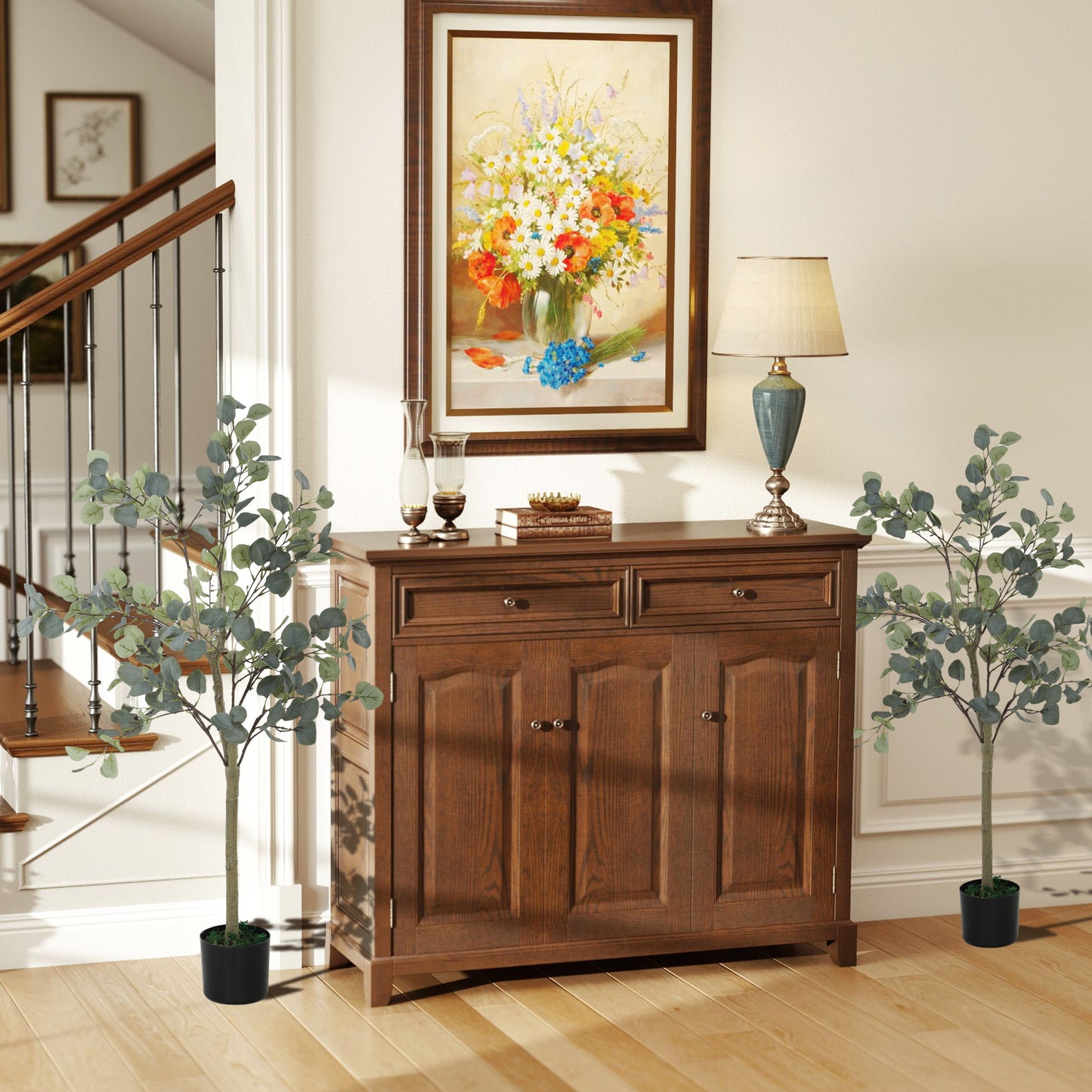 Sulu Set Of 2 Artificial Eucalyptus Style Trees With Silver Dollar Leaf Detail In Pots