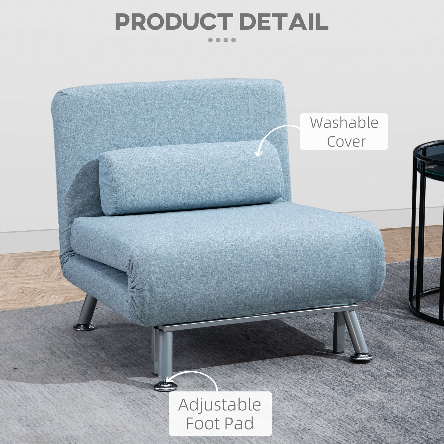 Varael Linen Sky Blue 3 In One Convertible Chair Bed With Adjustable Backrest And Pillow