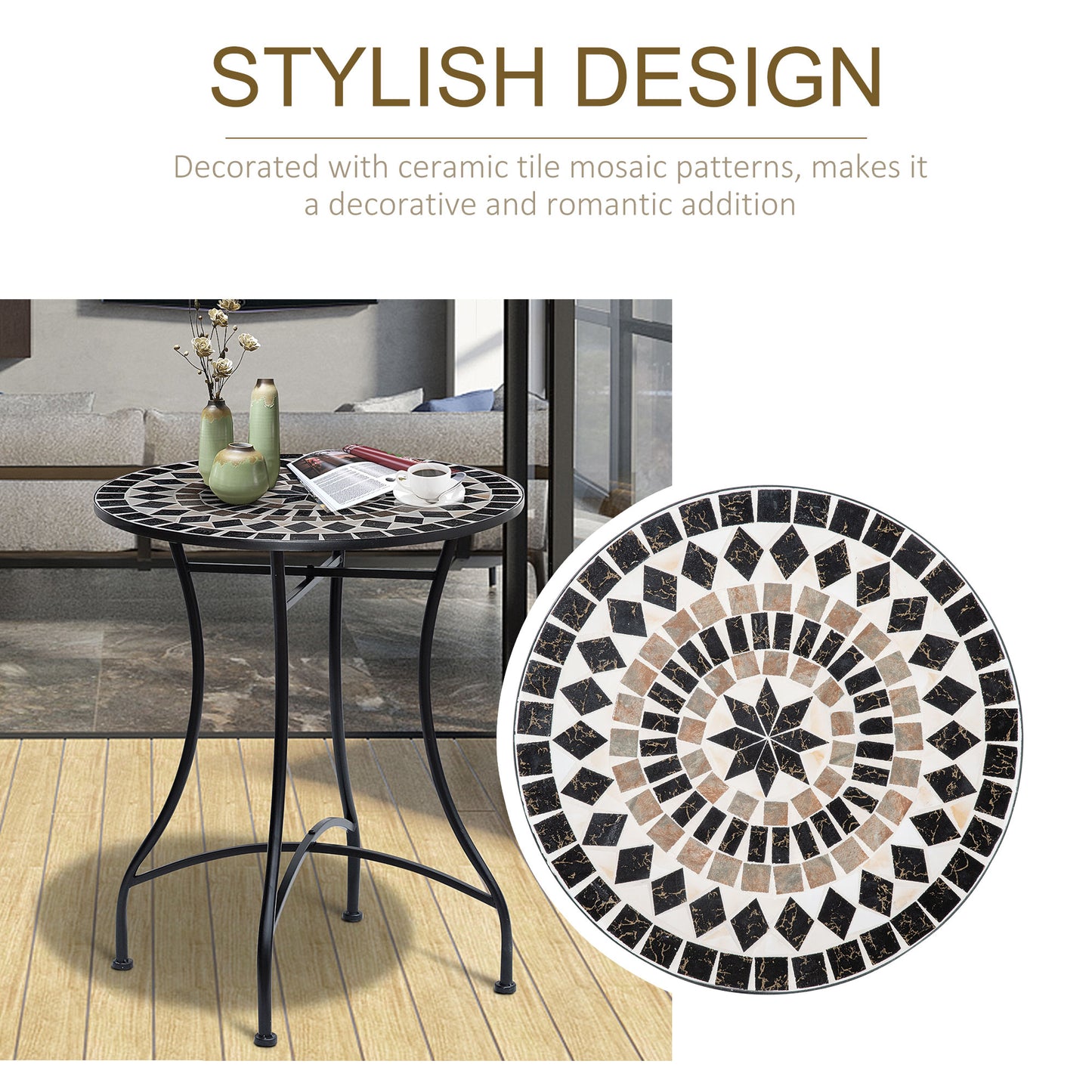 Pamone Metal Black Round Mosaic Outdoor Patio Bistro Table