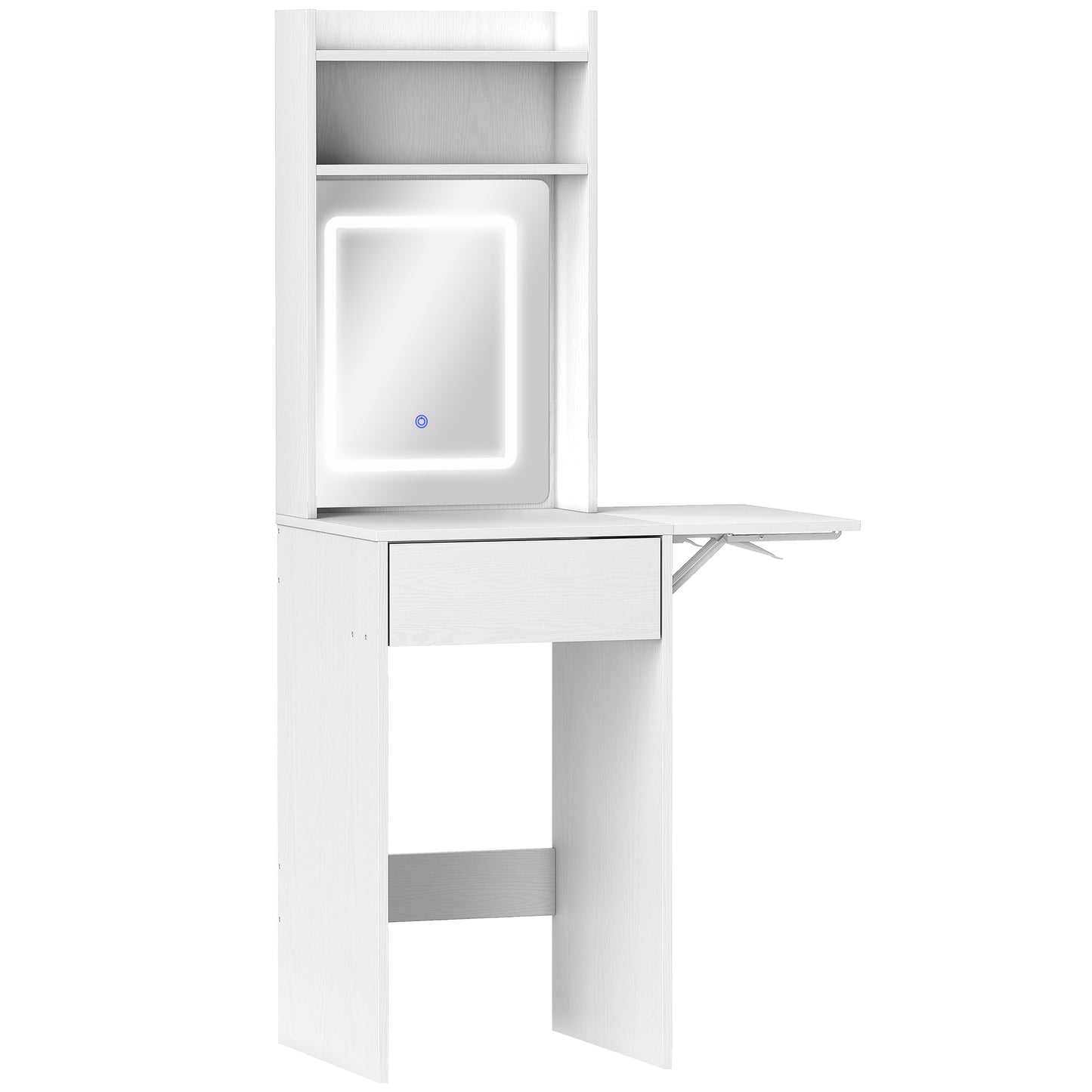 Ravitti White Compact Vanity Desk With Mirror LED Lights Drop Leaf And Open Shelves
