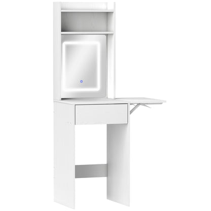 Ravitti White Compact Vanity Desk With Mirror LED Lights Drop Leaf And Open Shelves