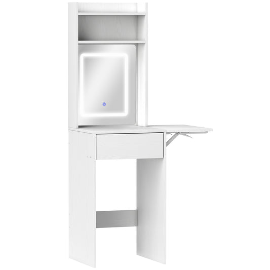 Ravi Fiyo White Compact Vanity Desk With Mirror LED Lights Drop Leaf And OFauxn Shelves