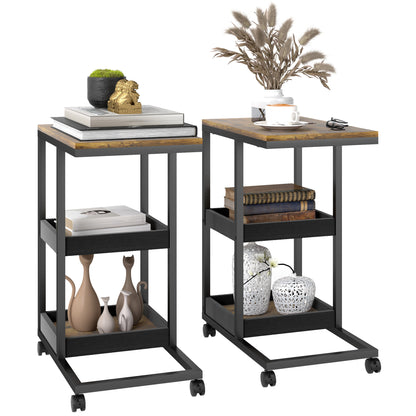 Lufaro Set Of 2 Mobile C Shaped Side Tables With Locking Wheels Metal And Wooden Dark Brown