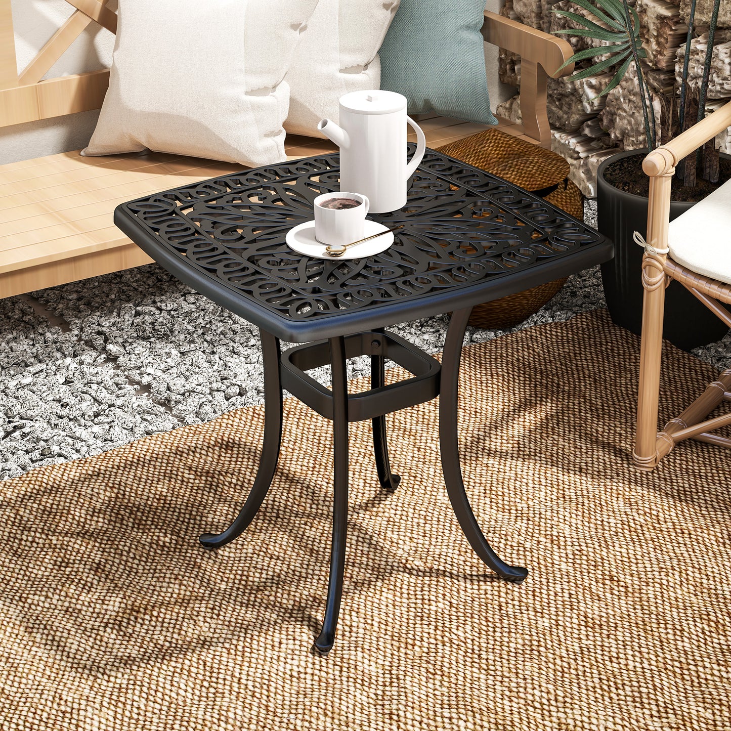 Suro Cast Aluminium Black Outdoor Side Table With Umbrella Hole And Anti Slip Feet