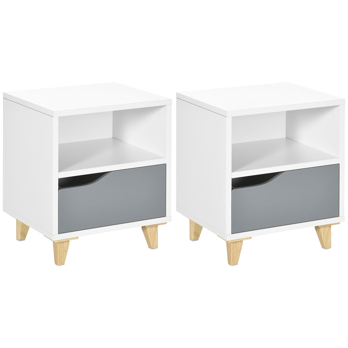 Tavimo Wooden Set Of 2 White And Grey Modern Bedside Tables With Drawer And Shelf