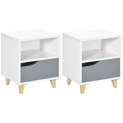 Tavimo Wooden Set Of 2 White And Grey Modern Bedside Tables With Drawer And Shelf