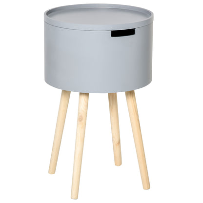 Temicco Wood Natural and Grey Round Bedside Table With Hidden Storage And Removable Tray