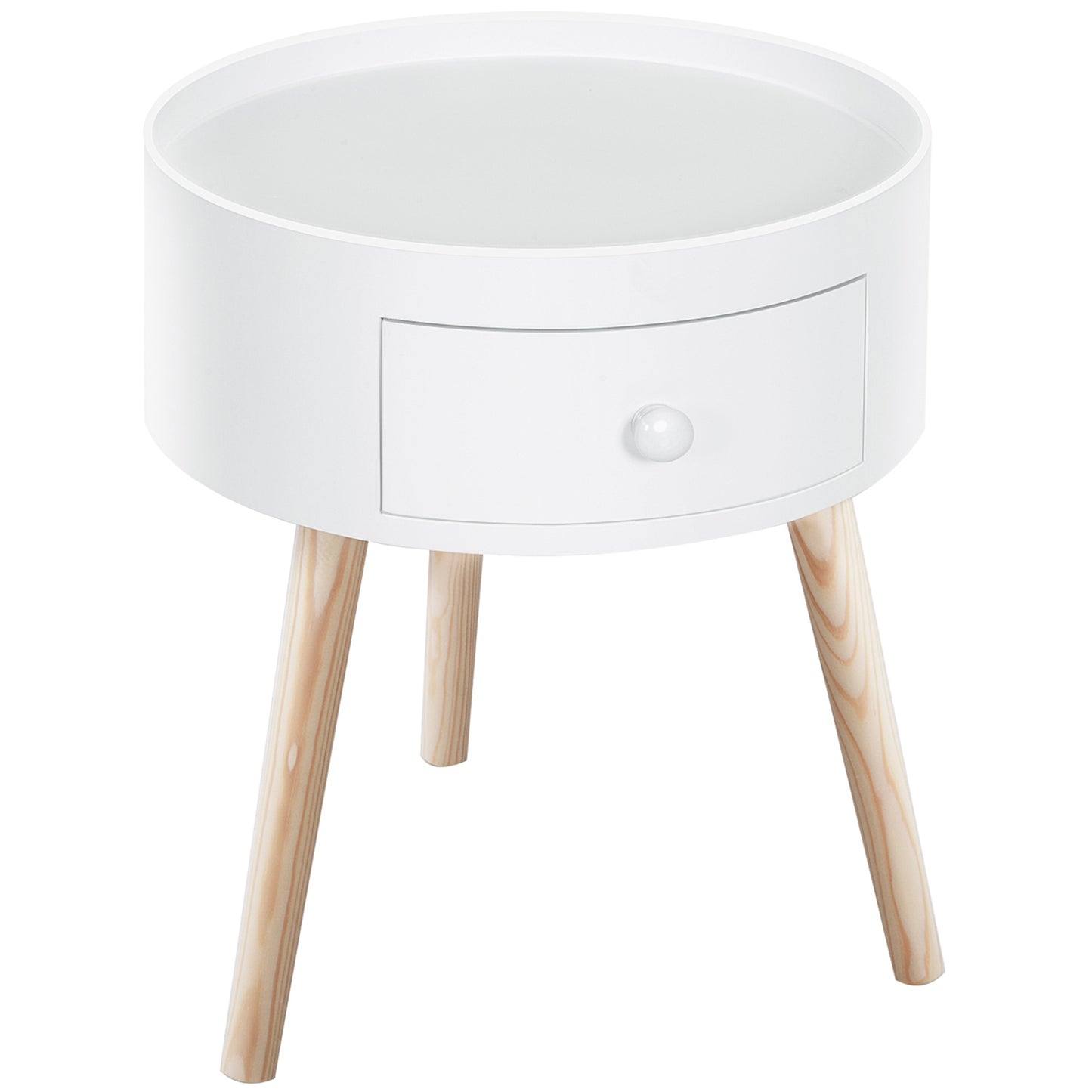 Taloso Wood White Round Bedside Table With Drawer And Natural Wooden Legs