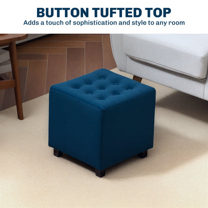 Dimano Velvet Blue Upholstered Square Ottoman Diamond Tufted Pattern