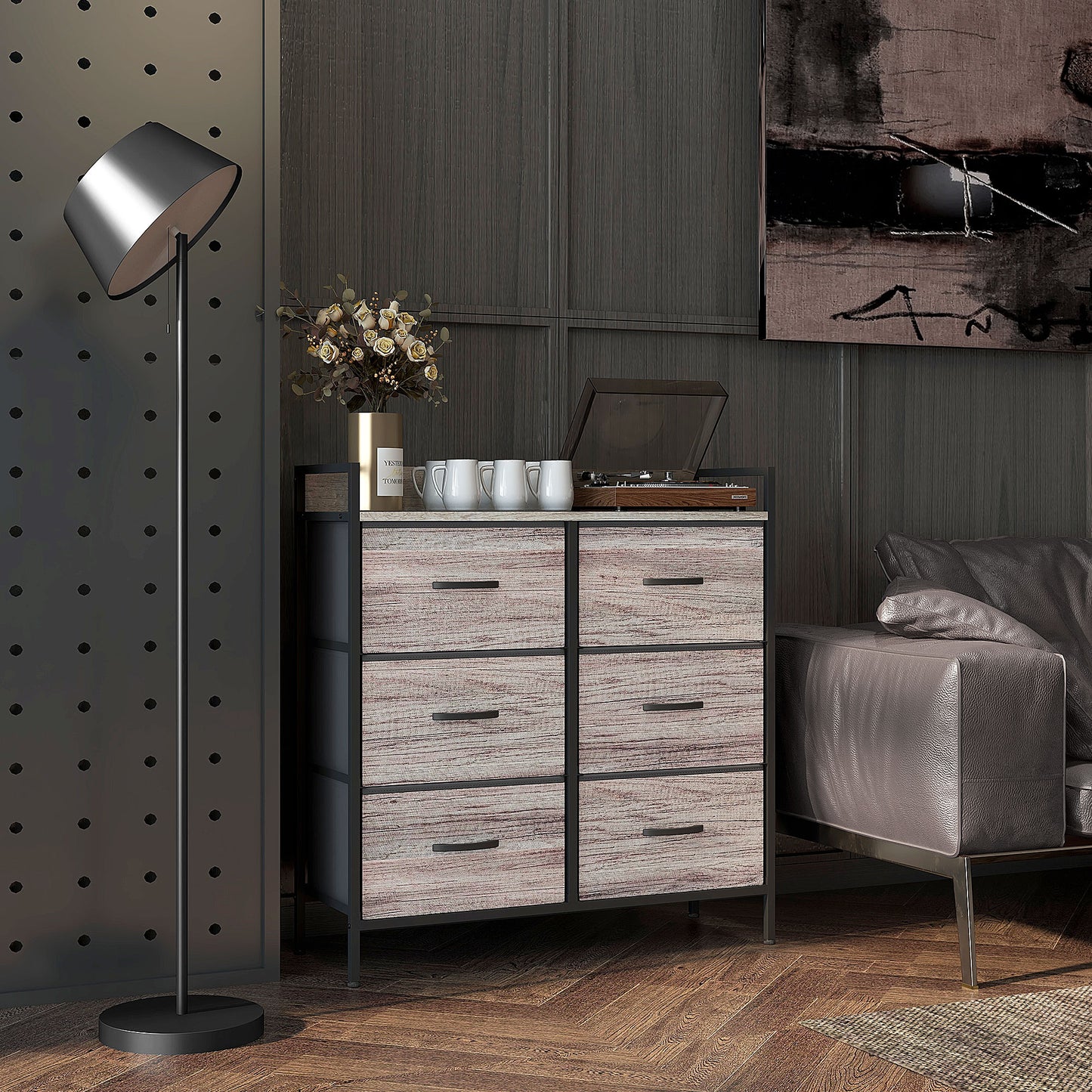 Ferris Fabric And Wood Grey Wood Effect 6 Drawer Rustic Storage Chest