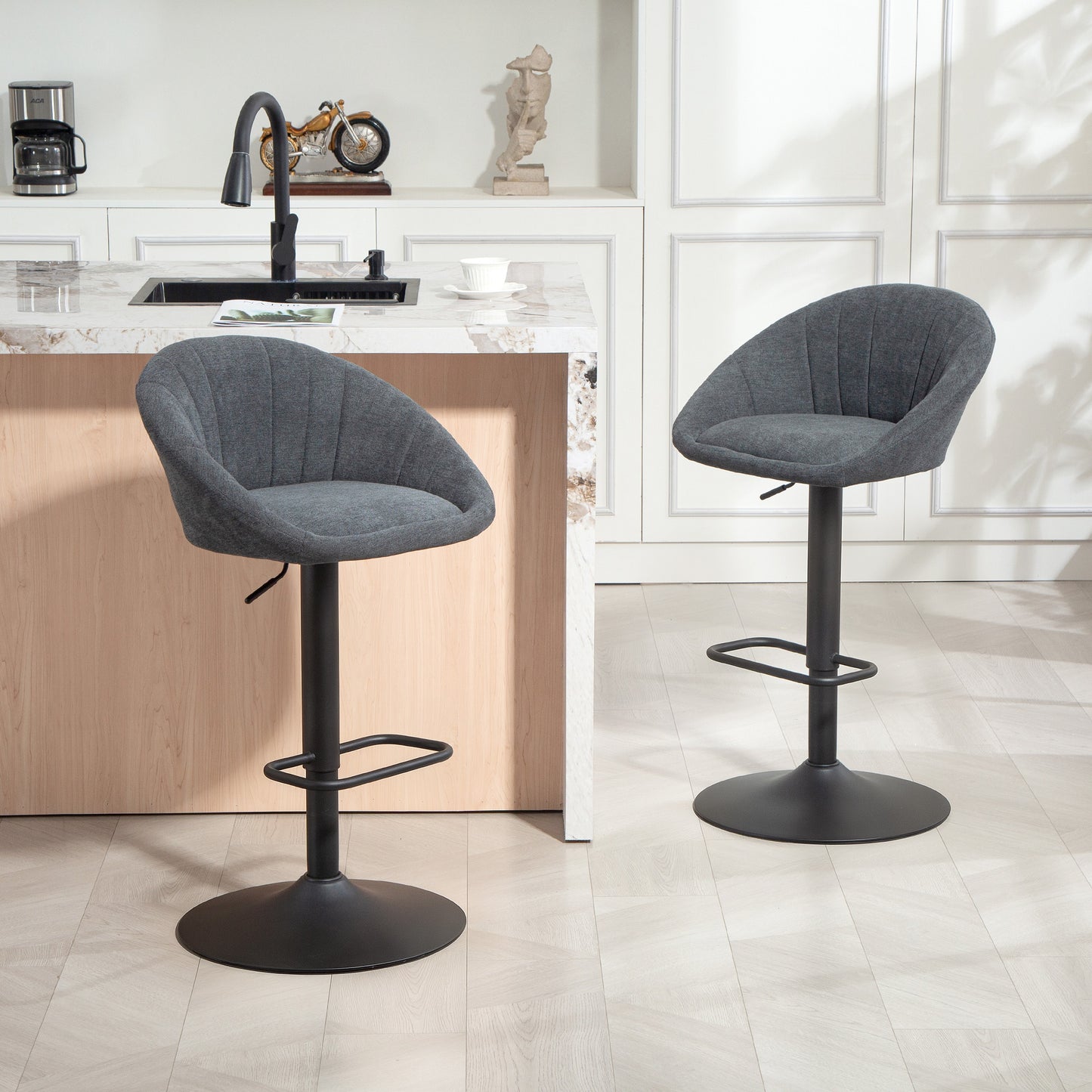 Elfare Dark Grey Fabric Relaxed Tub Bar Stools Set Of 2 With Curved Seat