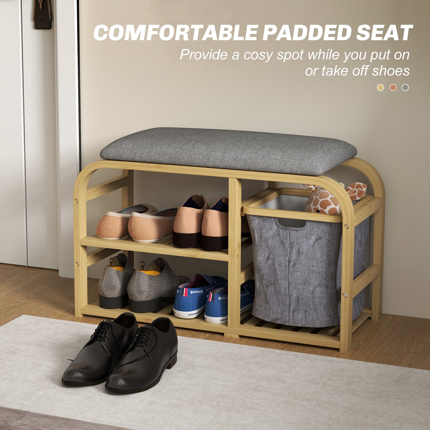 Mira Bamboo Natural Shoe Bench With Grey Padded Seat