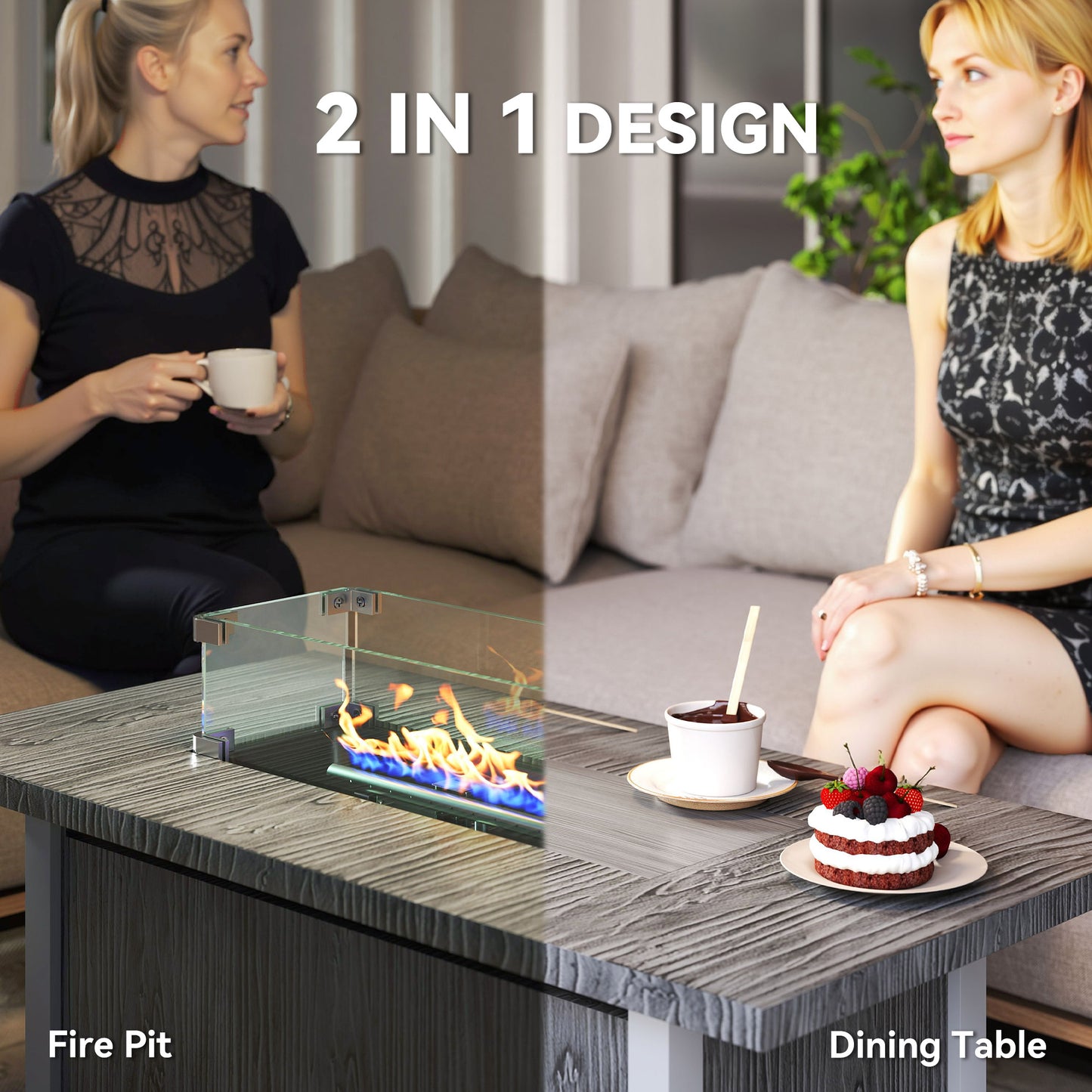 Luno Rectangular Steel Dark Grey Gas Fire Pit Table With Cover And Glass Screen