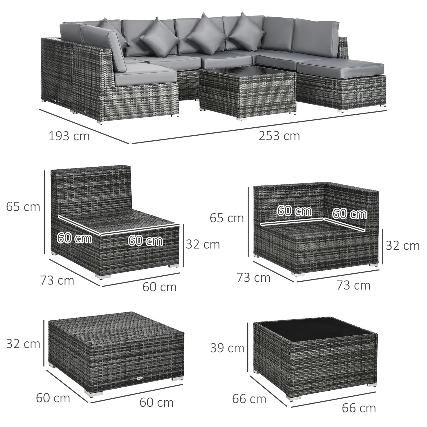 Rero Rattan Grey 5 Seater Corner Sofa Set With Glass Table