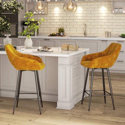Fadole Velvet Gold Mustard Bar Stools Set Of 2 With Soft Touch Upholstery And Footrests