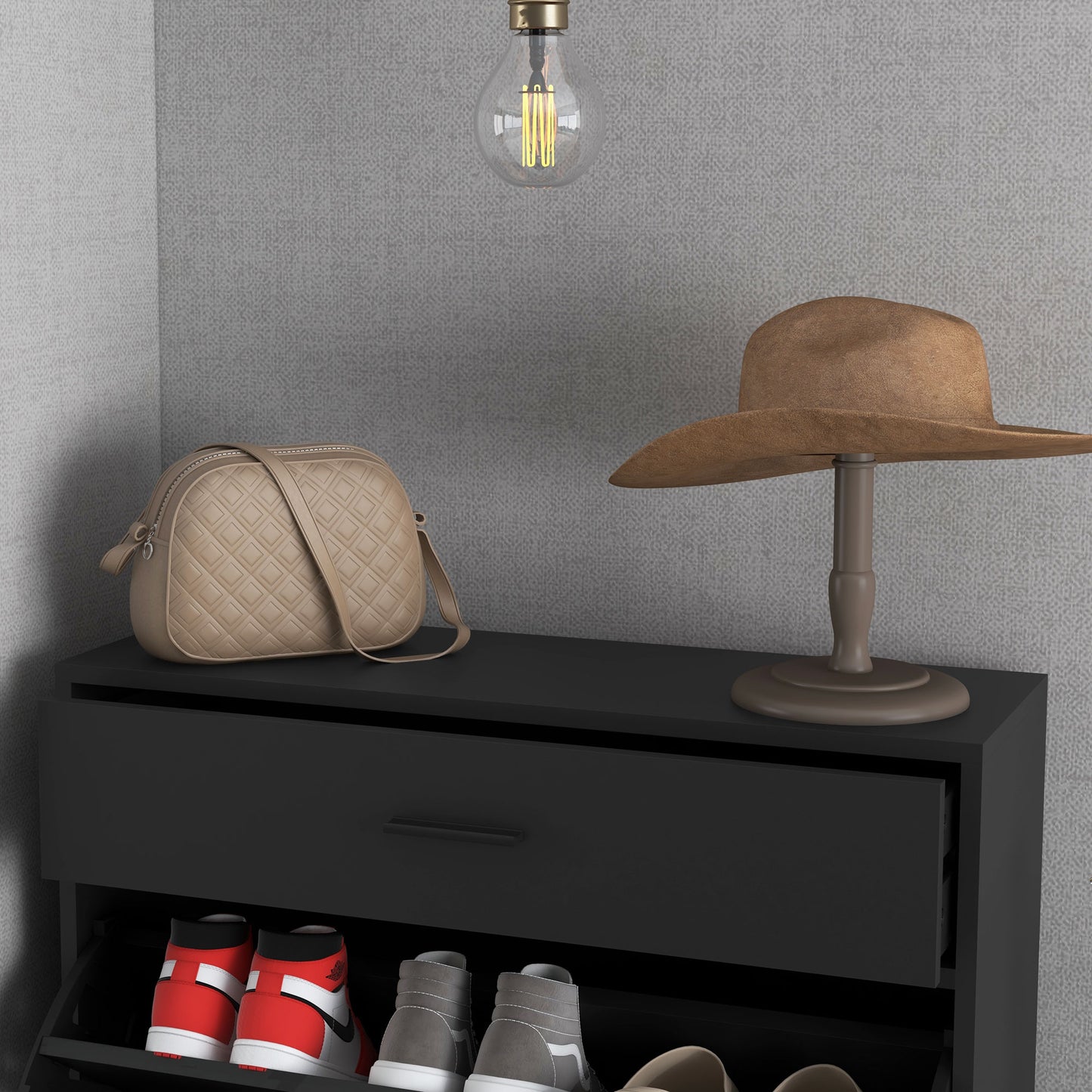 Sopane Wooden Black Slim Shoe Cabinet With 3 Drawers For 12 Pairs