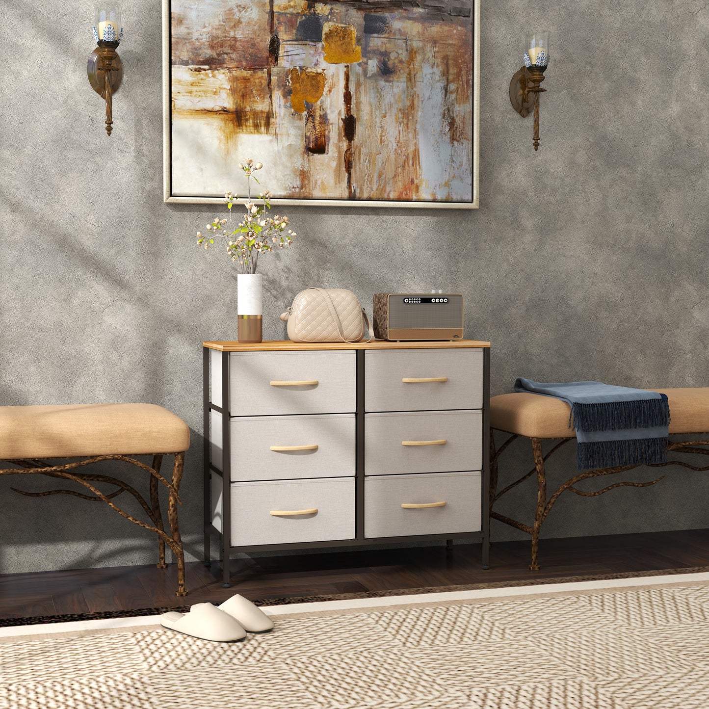 Nali Metal And Fabric Cream White 6 Drawer Industrial Storage Dresser With Steel Frame