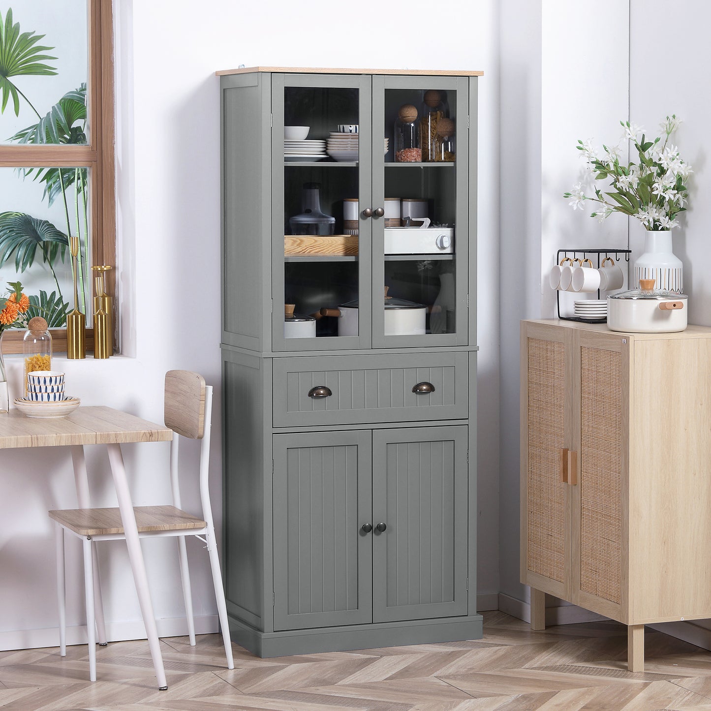 Todi Hael Wooden Grey 180 cm Tall Kitchen Pantry Cabinet Adjustable Shelves And Drawer Storage