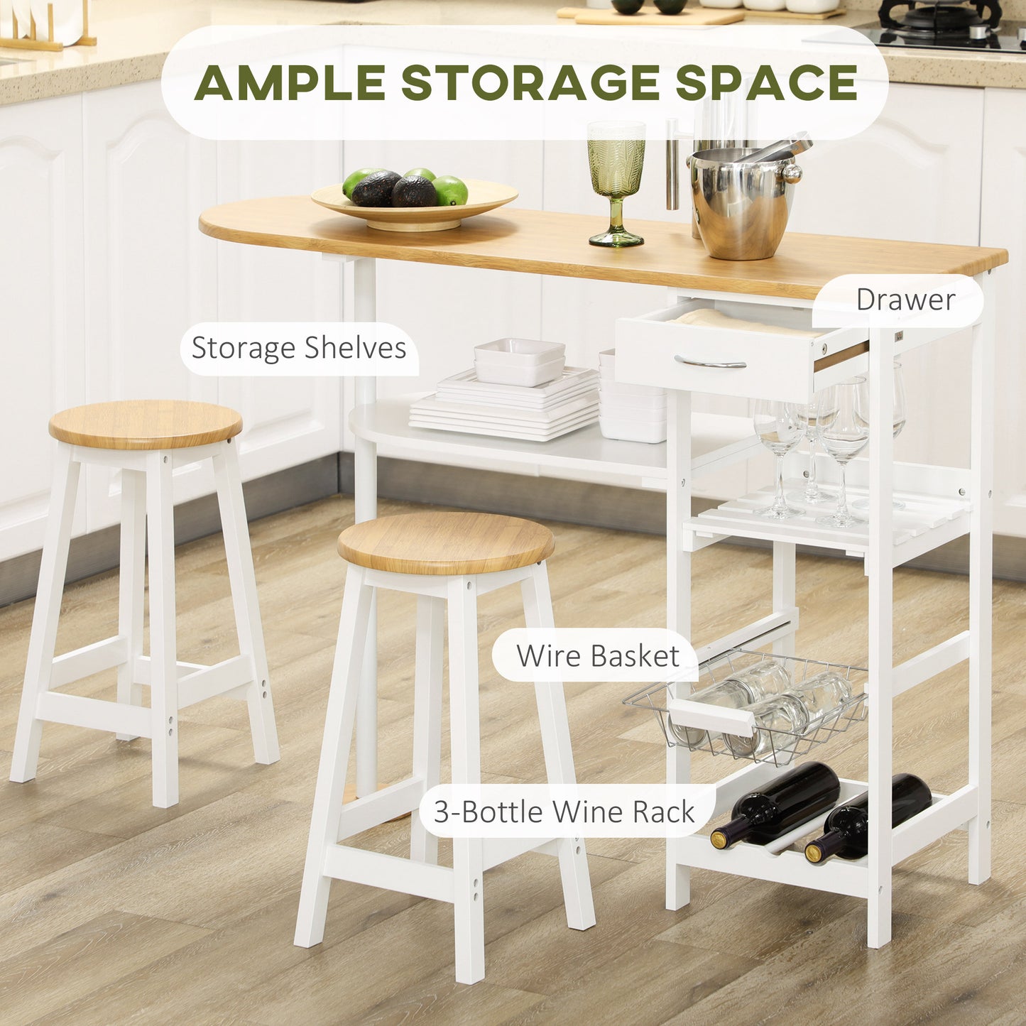 Zipa Wooden Natural And White 3 Piece Breakfast Bar Set With Storage And Wine Rack