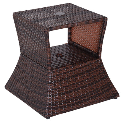 Lekavi Rattan Brown Outdoor Coffee Table With Umbrella Open And Shelf