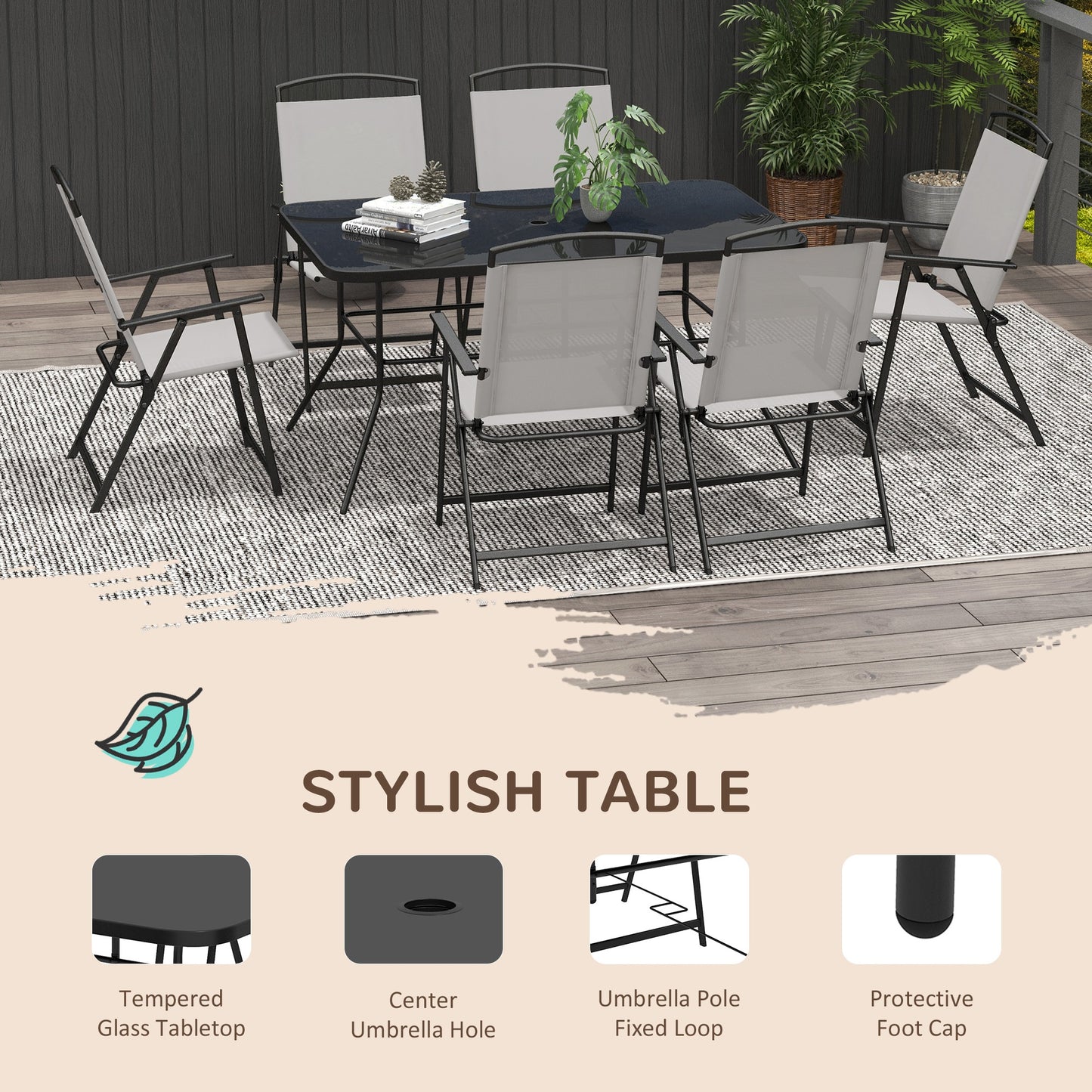 Lobama 6 Seater Grey Mesh Garden Dining Set with Glass Top Table and Folding Chairs