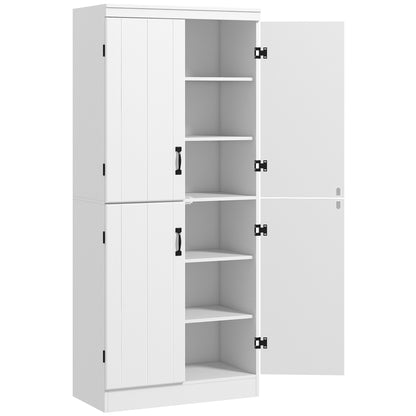 Nahado Wooden White 4 Door Tall Kitchen Cupboard With 6 Tier Storage And Adjustable Shelves