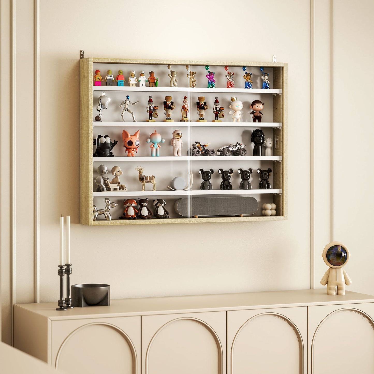 Nisa Vise Wood And Glass Natural Finish 5 Tier Wall Display Cabinet With Adjustable Shelves 60 x 80 cm