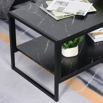 Minaba Metal And Wood Black 2 Tier Marble Effect Coffee Table With Bottom Shelf