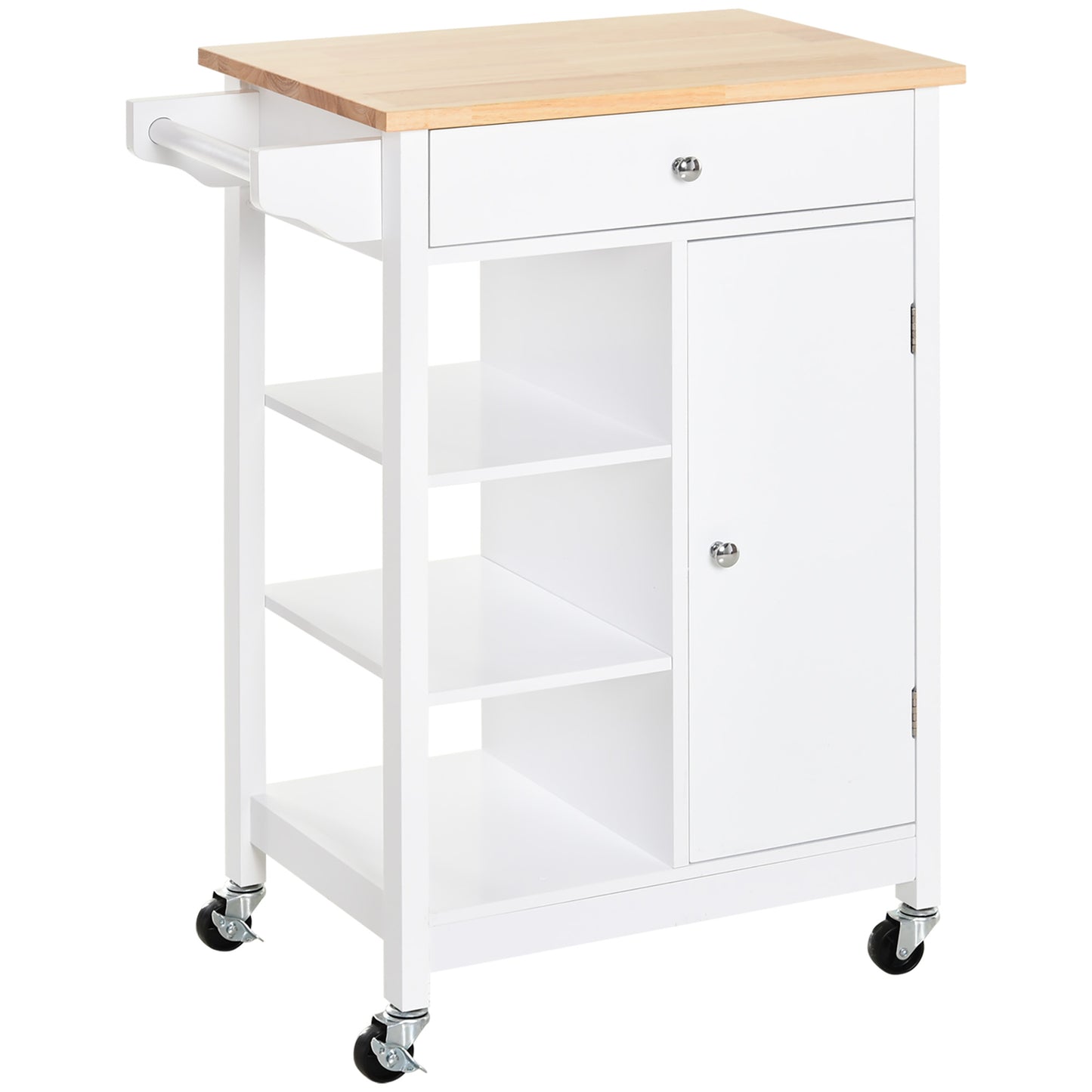 Yota Wooden White Kitchen Island On Wheels With Wood Top Shelves And Storage Cupboard
