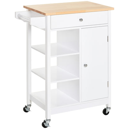 Yota Wooden White Kitchen Island On Wheels With Wood Top Shelves And Storage Cupboard