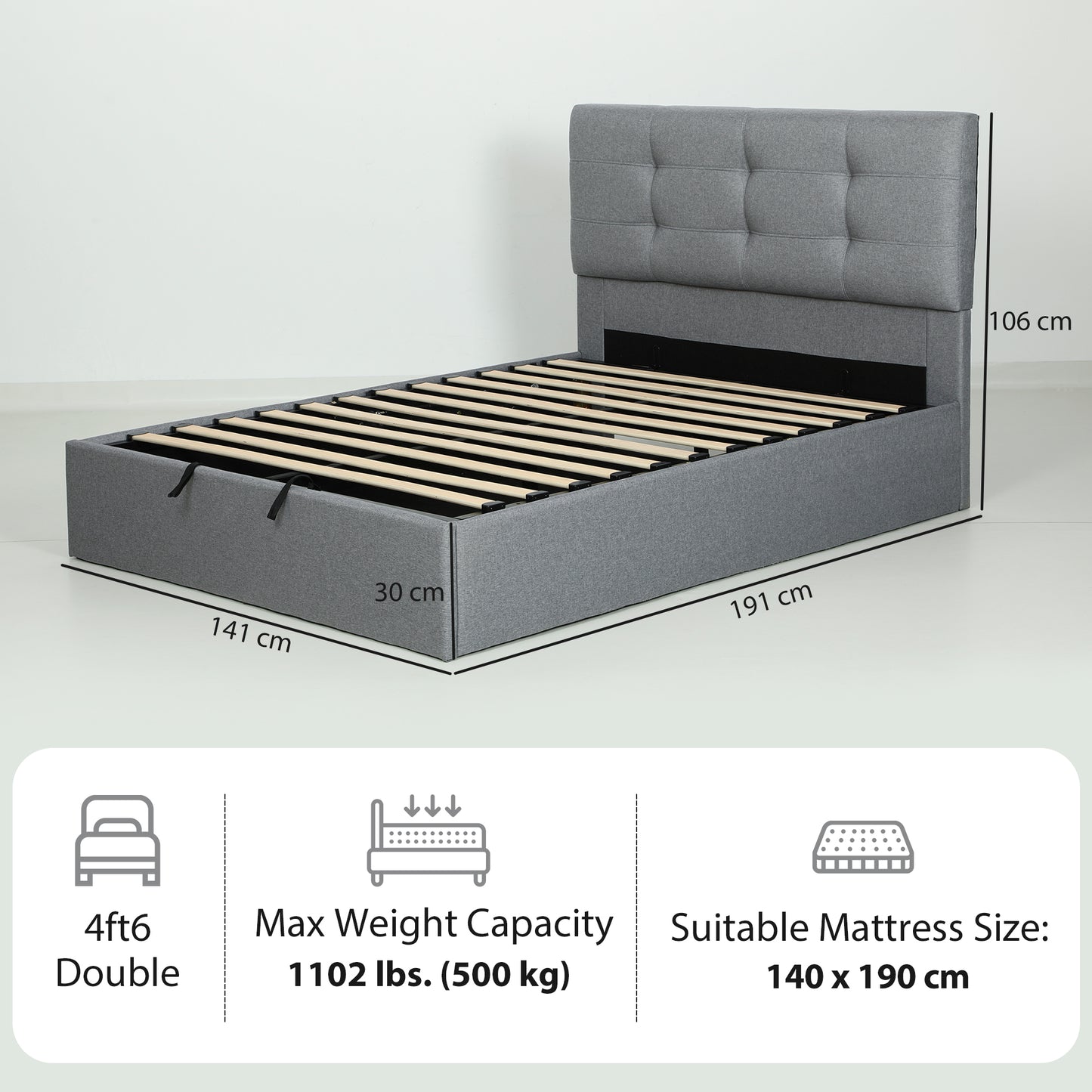 Sutto 4FT6 Double Ottoman Bed with Gas Lift Storage Grey