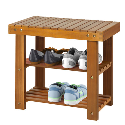 Elsari Acacia Wood Teak 3 Tier Shoe Bench With Slatted Shelves