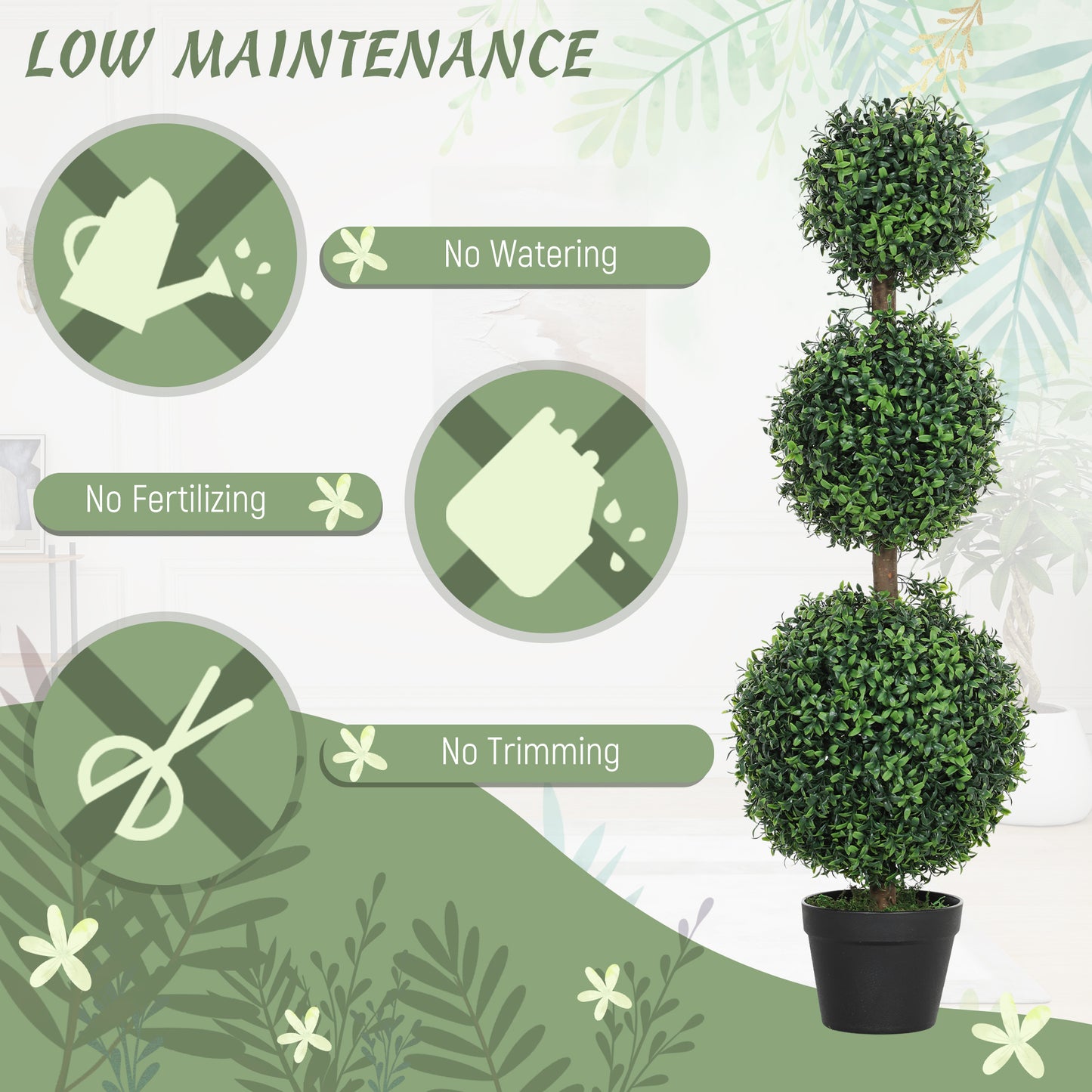 Rafile Set Of 2 Artificial Boxwood Topiary Trees With Triple Ball Design H8 100cm