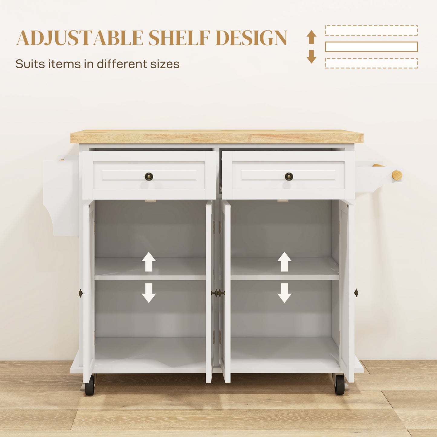 Vivali Rubberwood And Wooden Cream White Rolling Kitchen Island With Drawers And Storage