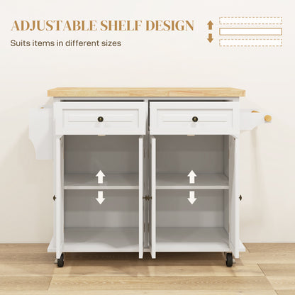 Vivali Rubberwood And Wooden Cream White Rolling Kitchen Island With Drawers And Storage