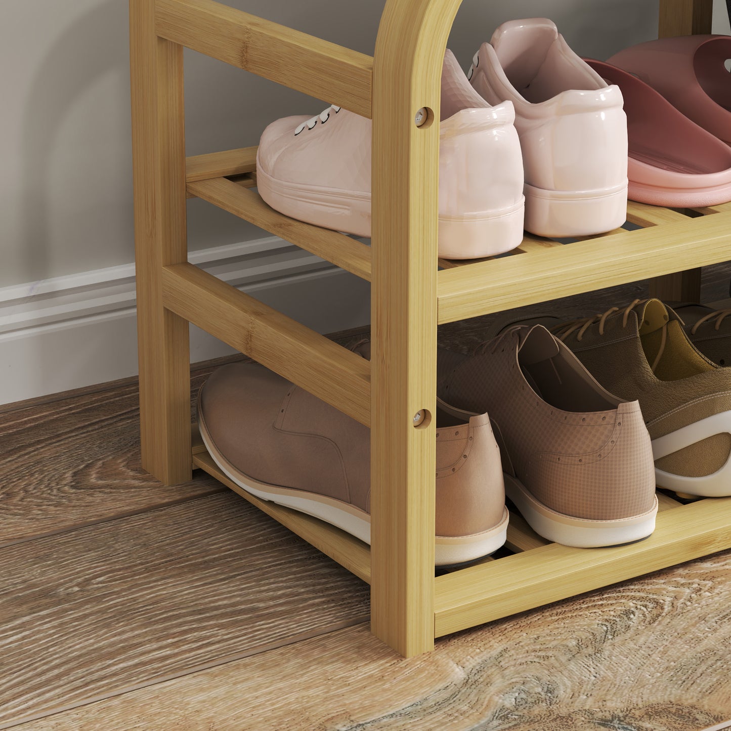 Mira Bamboo Natural Shoe Bench With Grey Padded Seat