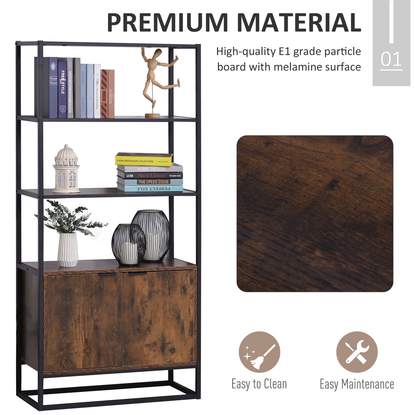 Tave Metal And Wood Rustic Brown And Black Large Industrial OFauxn Shelf Bookcase