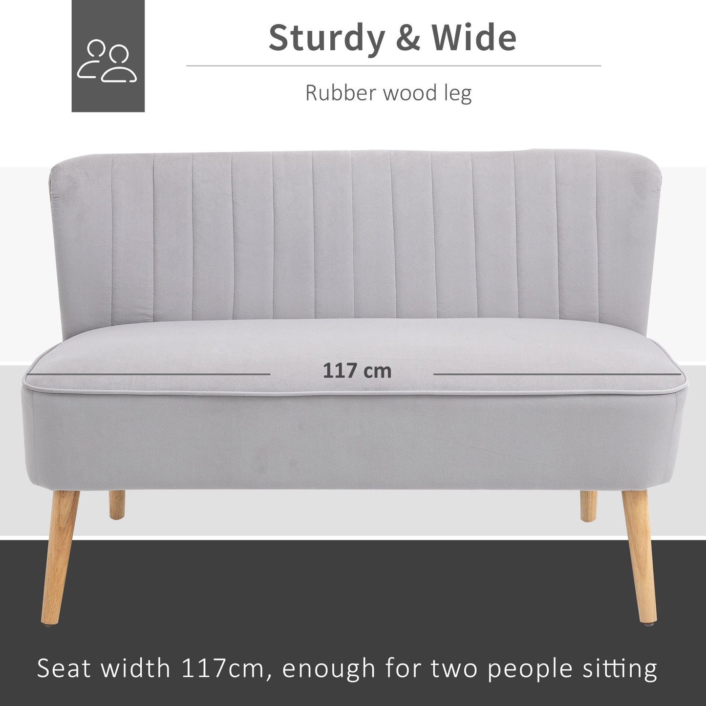 Nebalo Light Grey Velvet 2 Seater Sofa With Wooden Angled Legs Panelled Stitch Back