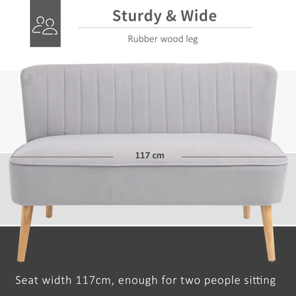 Nebalo Light Grey Velvet 2 Seater Sofa With Wooden Angled Legs Panelled Stitch Back