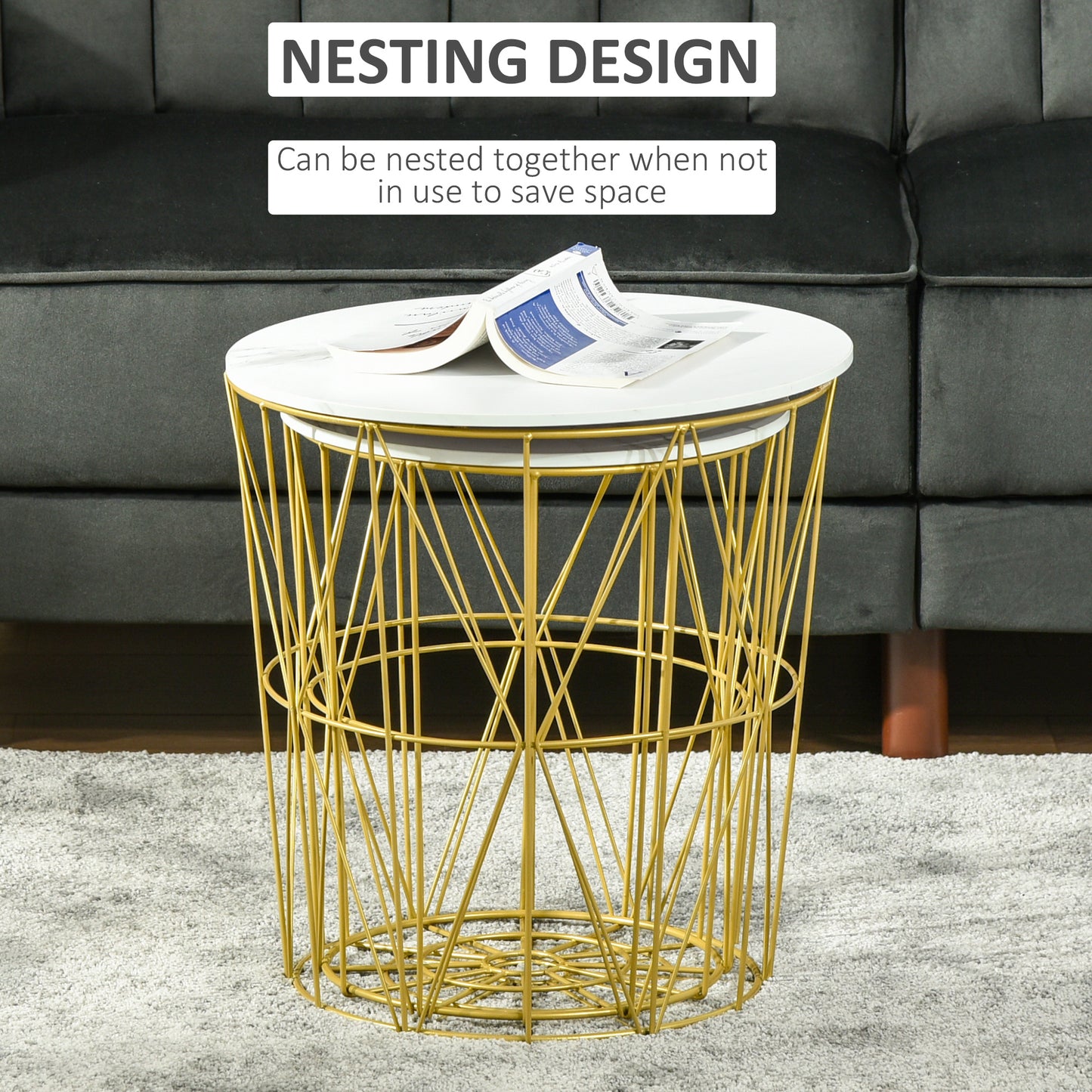 Tokael Metal And Wood White Set Of 2 Round Nesting Side Tables With Storage And Removable Tops