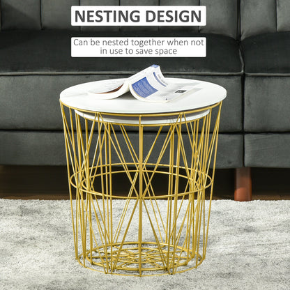 Tokael Metal And Wood White Set Of 2 Round Nesting Side Tables With Storage And Removable Tops