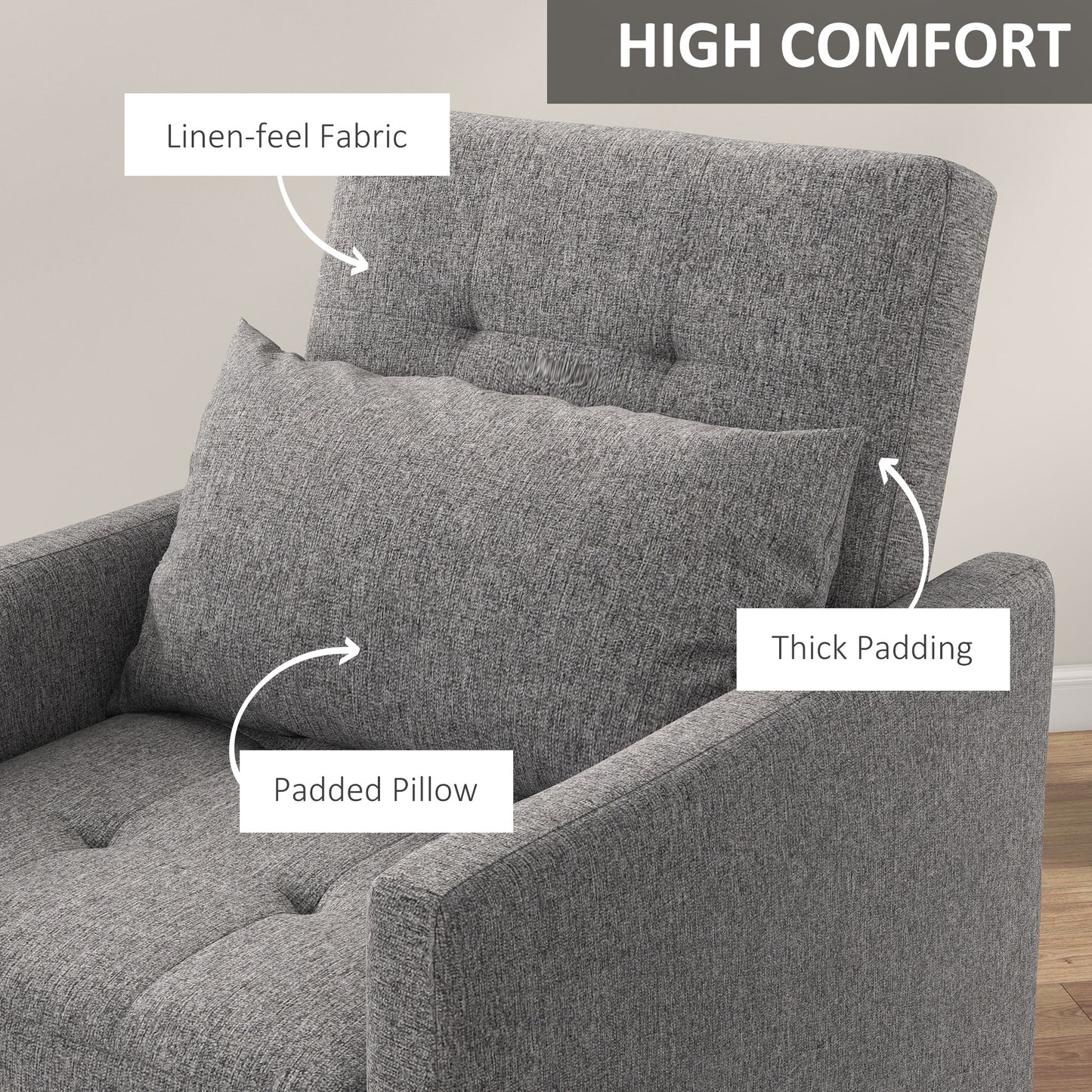 Hala Fabric Grey 3 In One Single Chair Bed With Adjustable Back Pillow And Footrest