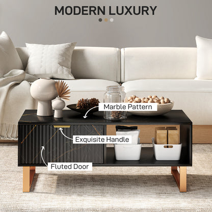 Neva Wooden Black Marble Effect Coffee Table With Integrated Storage