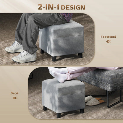 Linen Light Grey Compact Square Footstool With Side Pocket And Black Wooden Legs