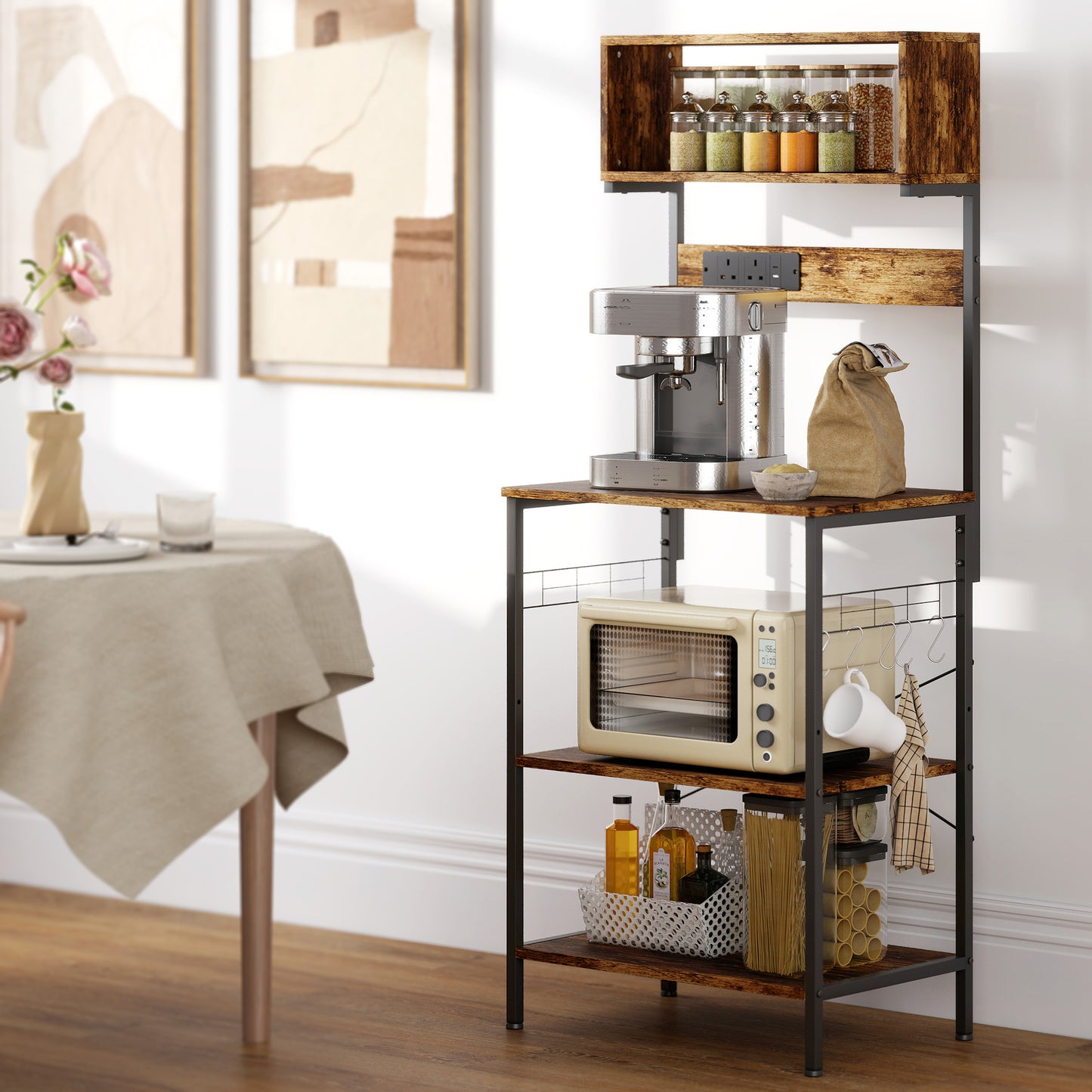 Raco Kale Wooden Rustic Brown Bakers Rack With Power Outlet USB Charging And Adjustable Shelves