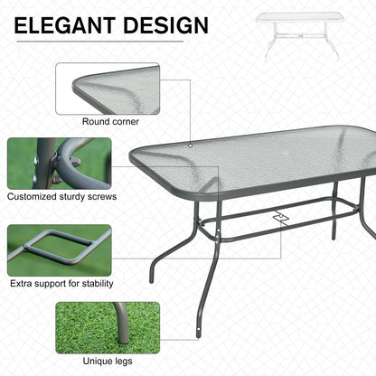Lemone 140cm Metal Grey Rectangular Garden Dining Table With Glass Top And Parasol Hole