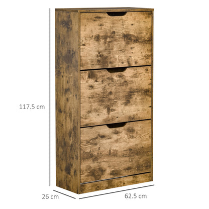 Virare Wooden Rustic Brown Industrial Shoe Cabinet With 3 Flip Drawers For 18 Pairs