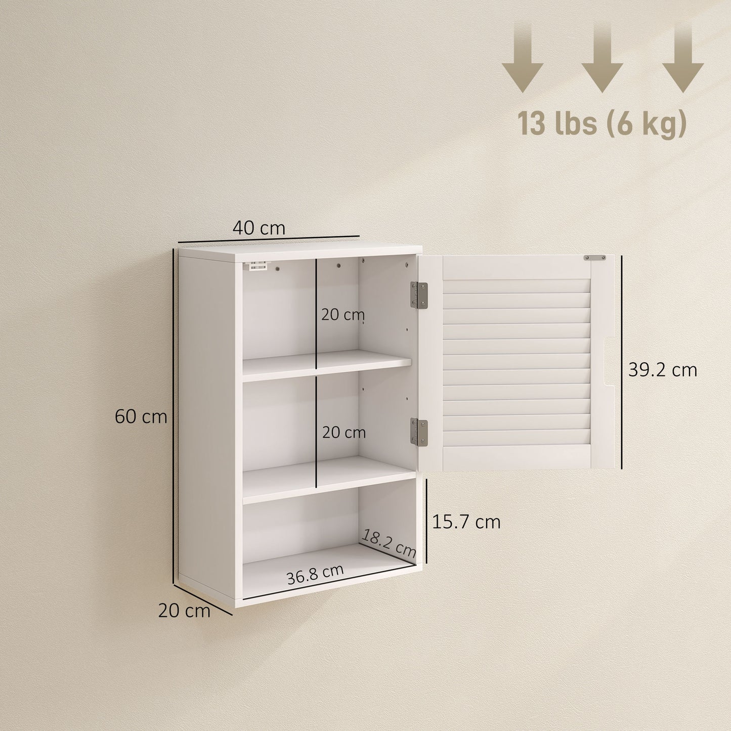 Zidi Rolette Wall Mounted Bathroom Storage Cabinet With Adjustable Shelves White 40 x 20 x 60cm