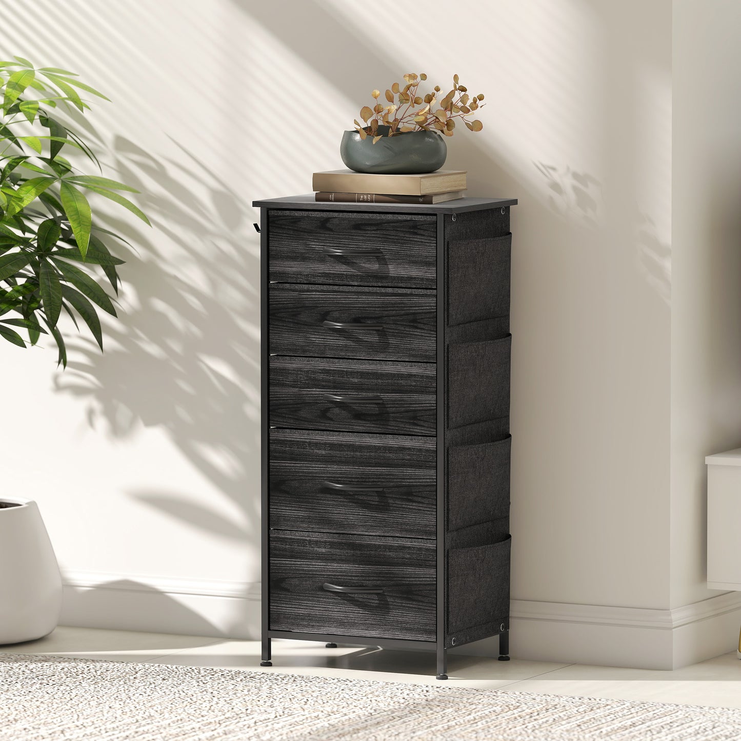 Koratti Fabric And Metal Black 5 Drawer Storage Chest